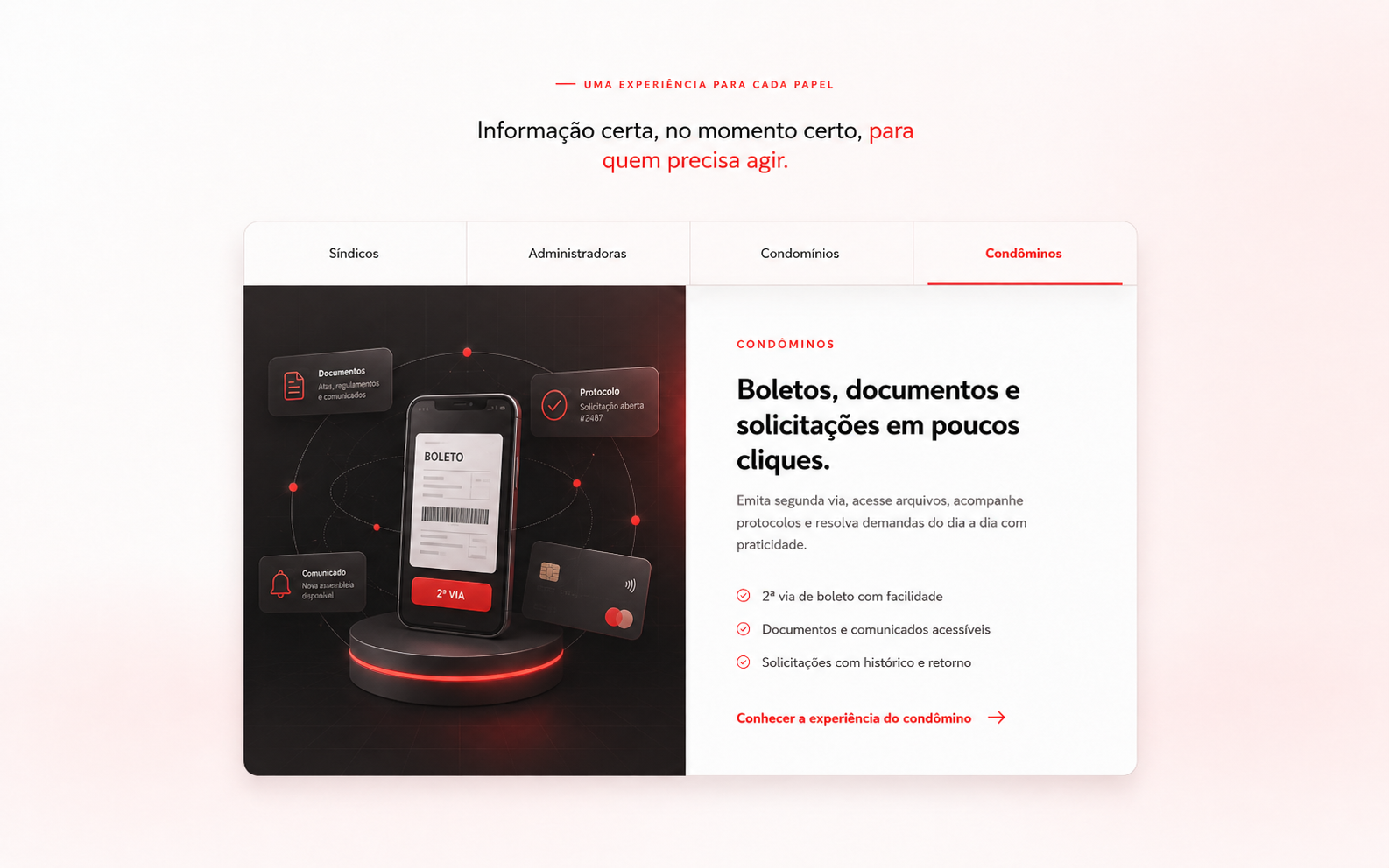 Ilustração de uma experiência digital para condôminos, com boleto, documentos e solicitações.