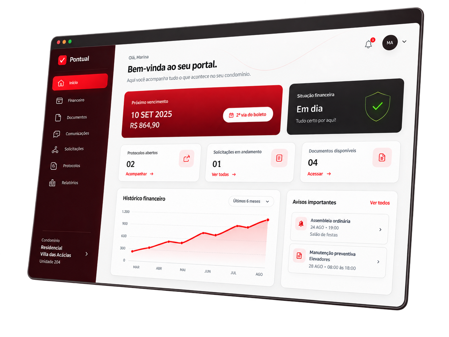 Painel do Portal Digital Pontual com informações financeiras, documentos e solicitações do condomínio