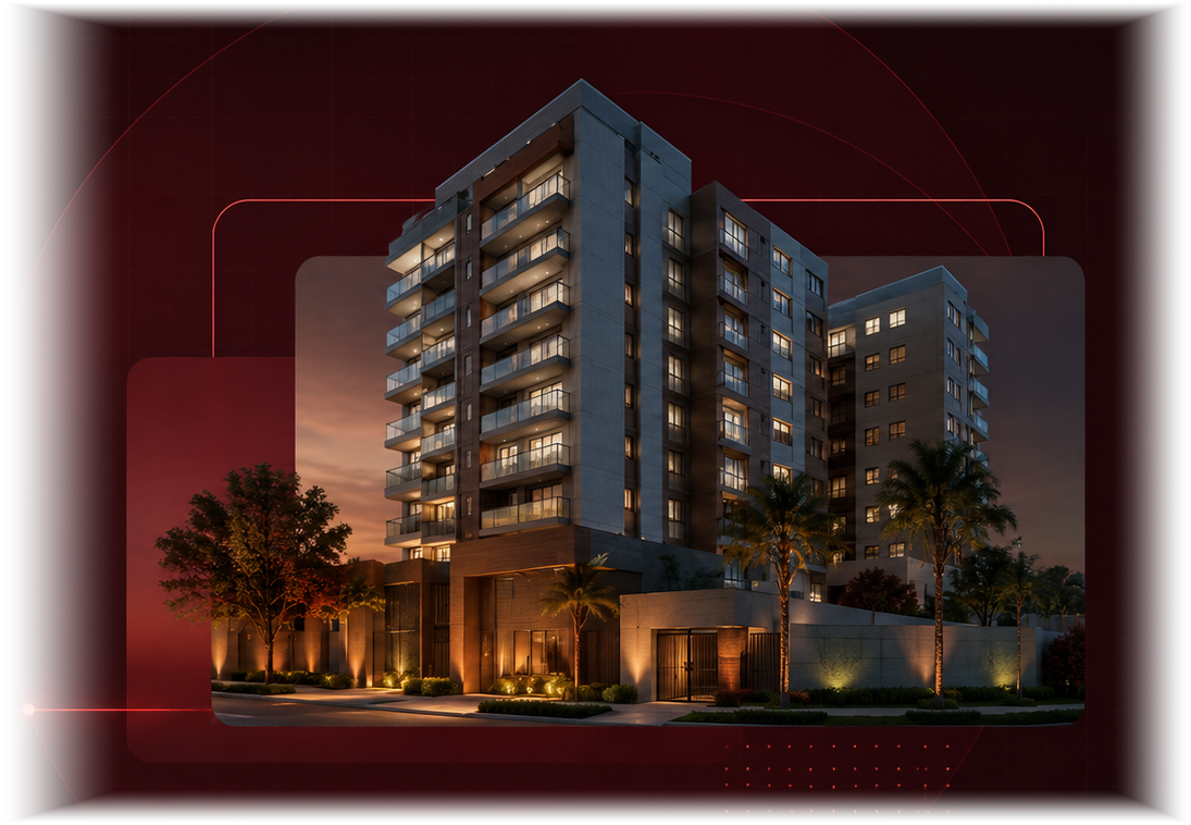 Condomínio residencial moderno com iluminação noturna